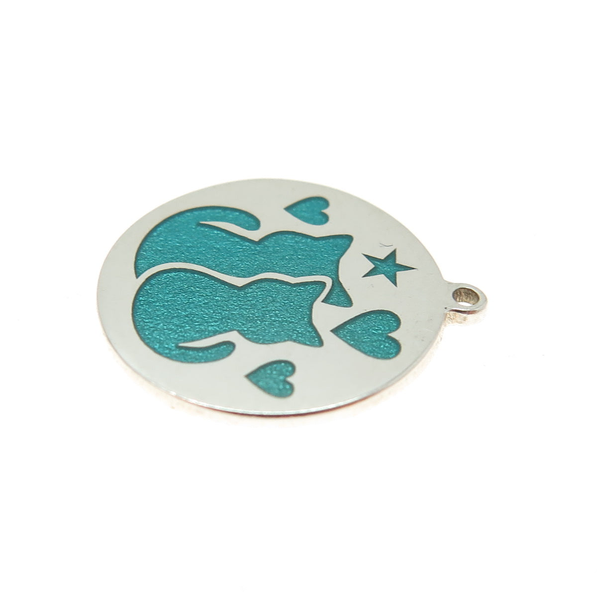 Tokemoti Sterling Silver Turquoise Enamel Cat & Dog Round Tag Minimalist Pendant