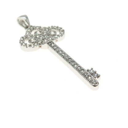 925 Sterling Silver Pave Round-Cut C Z Key Pendant