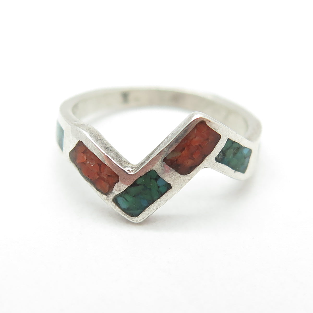 Old Pawn 925 Sterling Silver Southwestern Turquoise Coral Inlay Ring Size 3.5