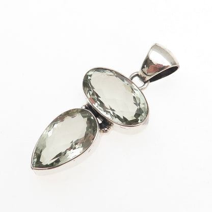925 Sterling Silver Vintage Real Green Amethyst Modernist Pendant