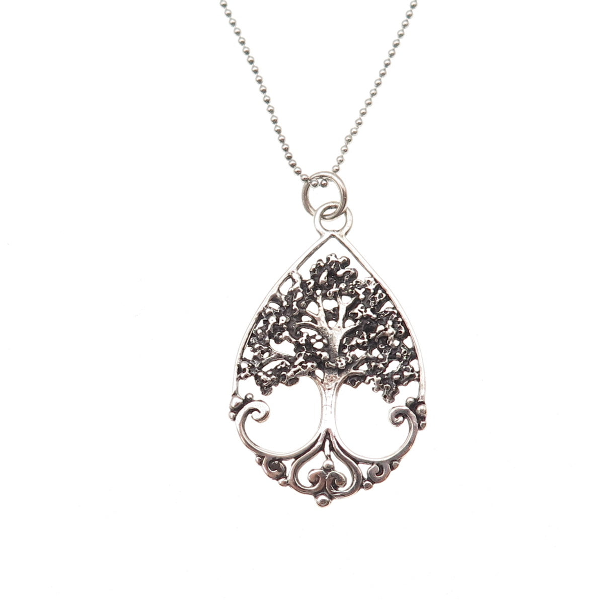 925 Sterling Silver Vintage Tree of Life Ball Beaded Chain Necklace 18"
