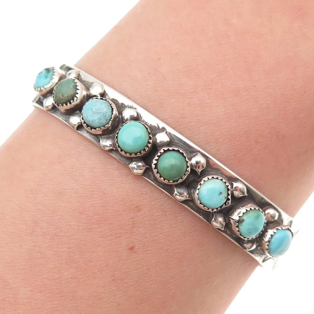 Old Pawn Sterling Silver Vintage Turquoise Snake Eye Adjustable Bracelet 5.75"