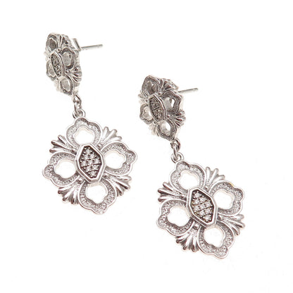 925 Sterling Silver Round-Cut C Z Floral Dangle Earrings