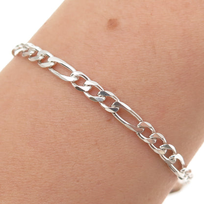 925 Sterling Silver Vintage Italy Figaro Link Bracelet 7.25"