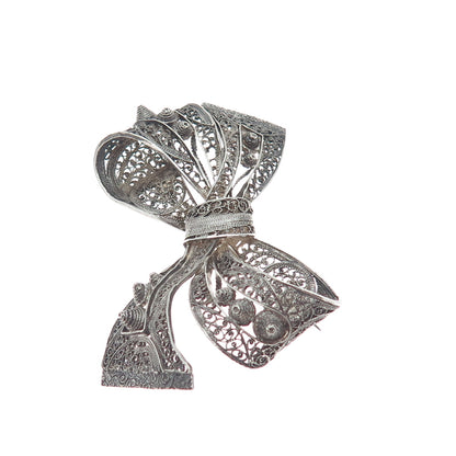 835 Silver Antique Sweden Filigree Ribbon Bow Oxidized Pin Brooch