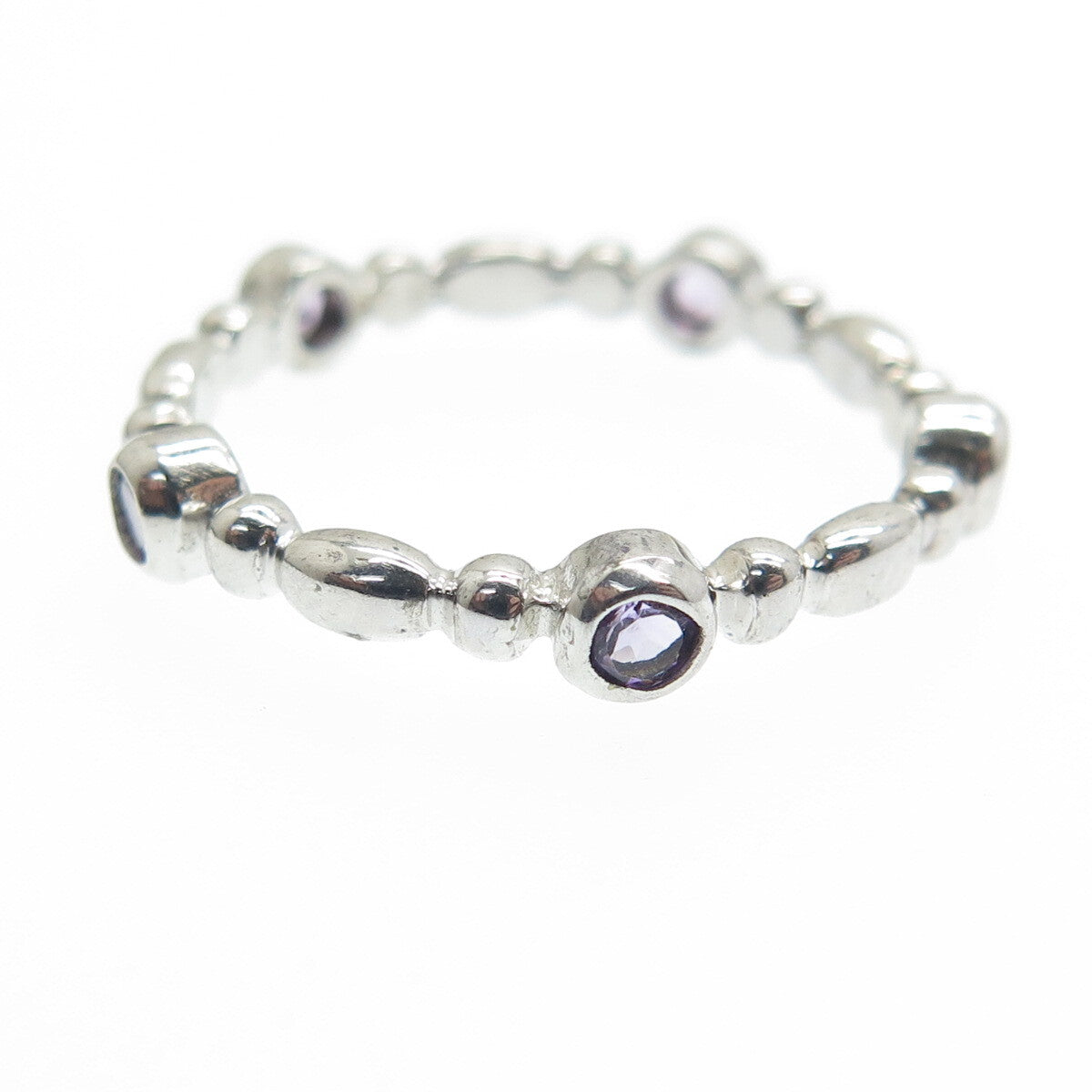 925 Sterling Silver Real Round-Cut Amethyst Gem Beaded Band Ring Size 7