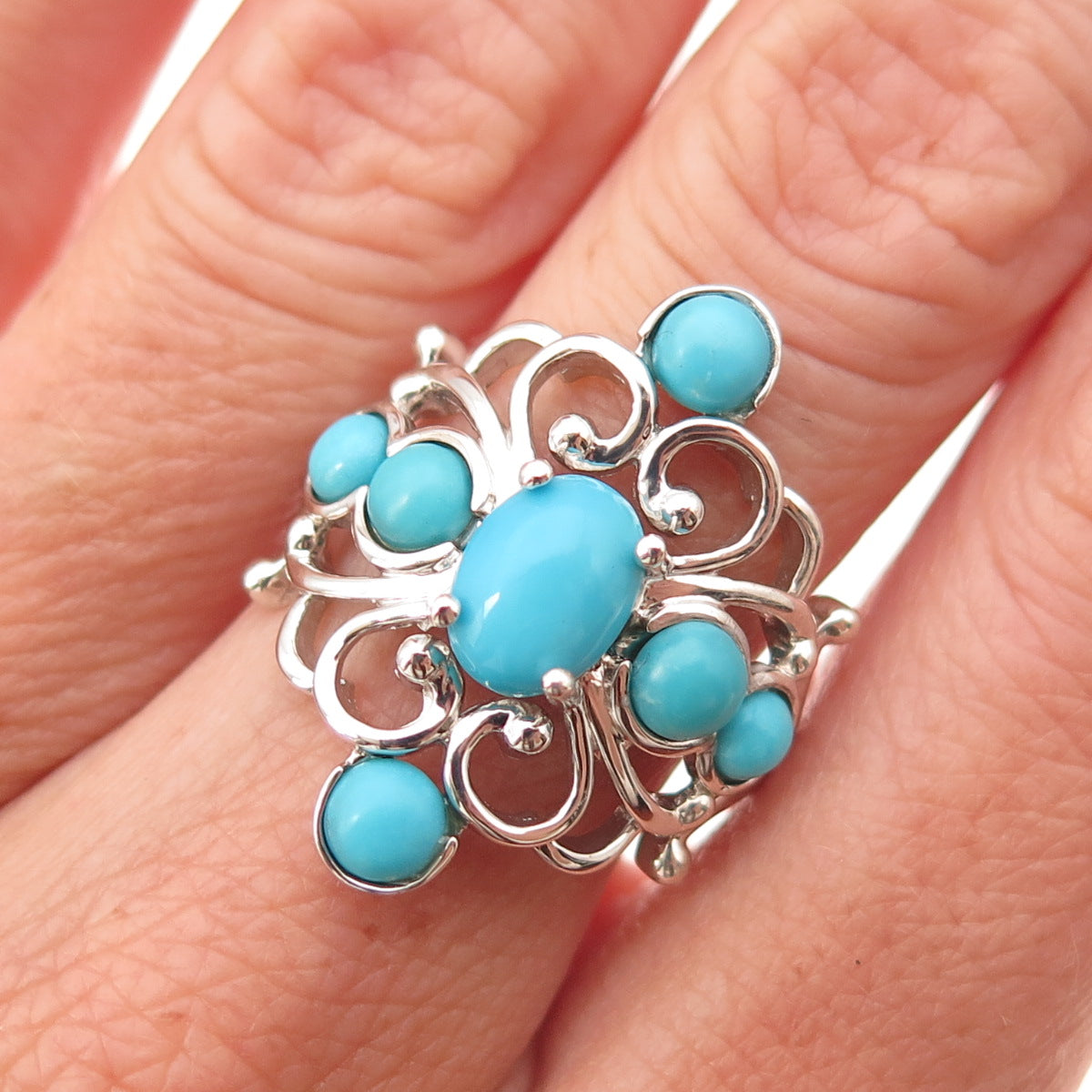925 Sterling Silver Real Sleeping Beauty Turquoise Floral Cross Ring Size 8