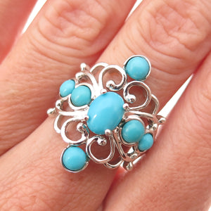 925 Sterling Silver Real Sleeping Beauty Turquoise Floral Cross Ring Size 8