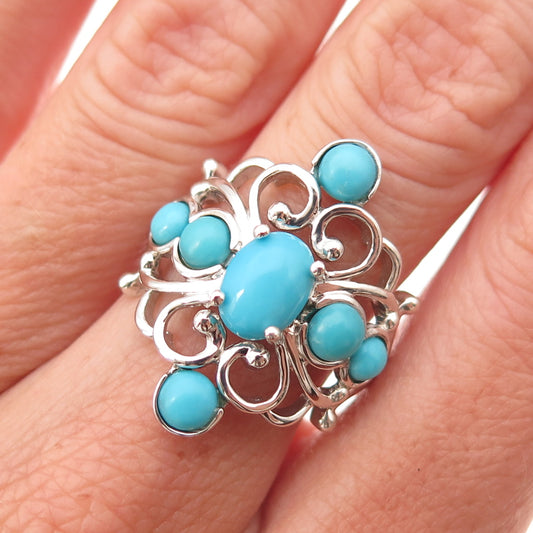 925 Sterling Silver Real Sleeping Beauty Turquoise Floral Cross Ring Size 8