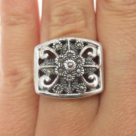 925 Sterling Silver Vintage Real Marcasite Gemstone Ornate Ring Size 5.5