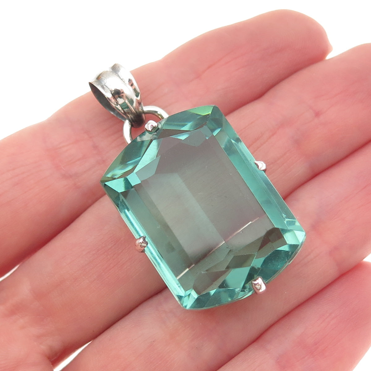 925 Sterling Silver Vintage Emerald-Cut Mint Green Glass Charm Pendant