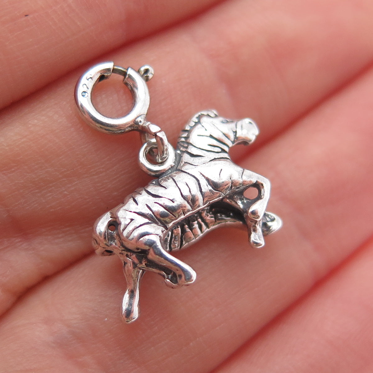 925 Sterling Silver Vintage Zebra Couple Spring Ring Mini Charm Pendant