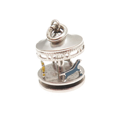 925 Sterling Silver Antique Art Deco Enamel Carousel Movable 3D Mini Pendant