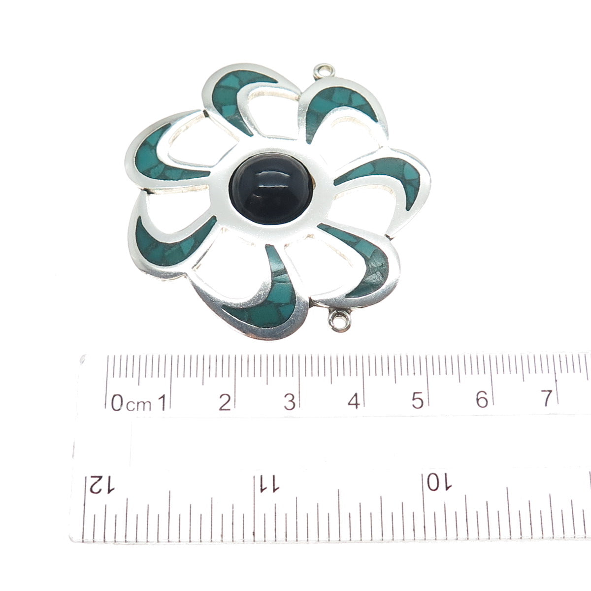 925 Sterling Vintage Mexico Real Onyx Turquoise Inlay Flower Centerpiece Pendant