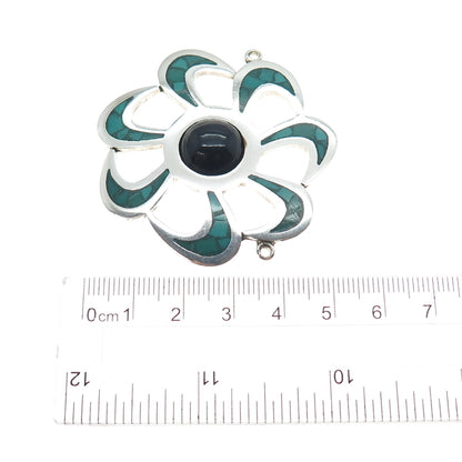 925 Sterling Vintage Mexico Real Onyx Turquoise Inlay Flower Centerpiece Pendant