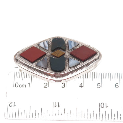 925 Sterling Silver Antique Scottish Real Bloodstone Agate Jasper Pin Brooch