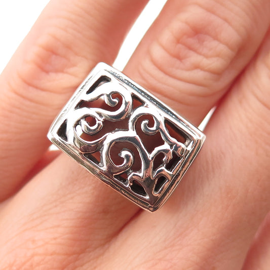 925 Sterling Silver Vintage Real Turquoise Coral MOP Floral Scroll Ring Size 5.5