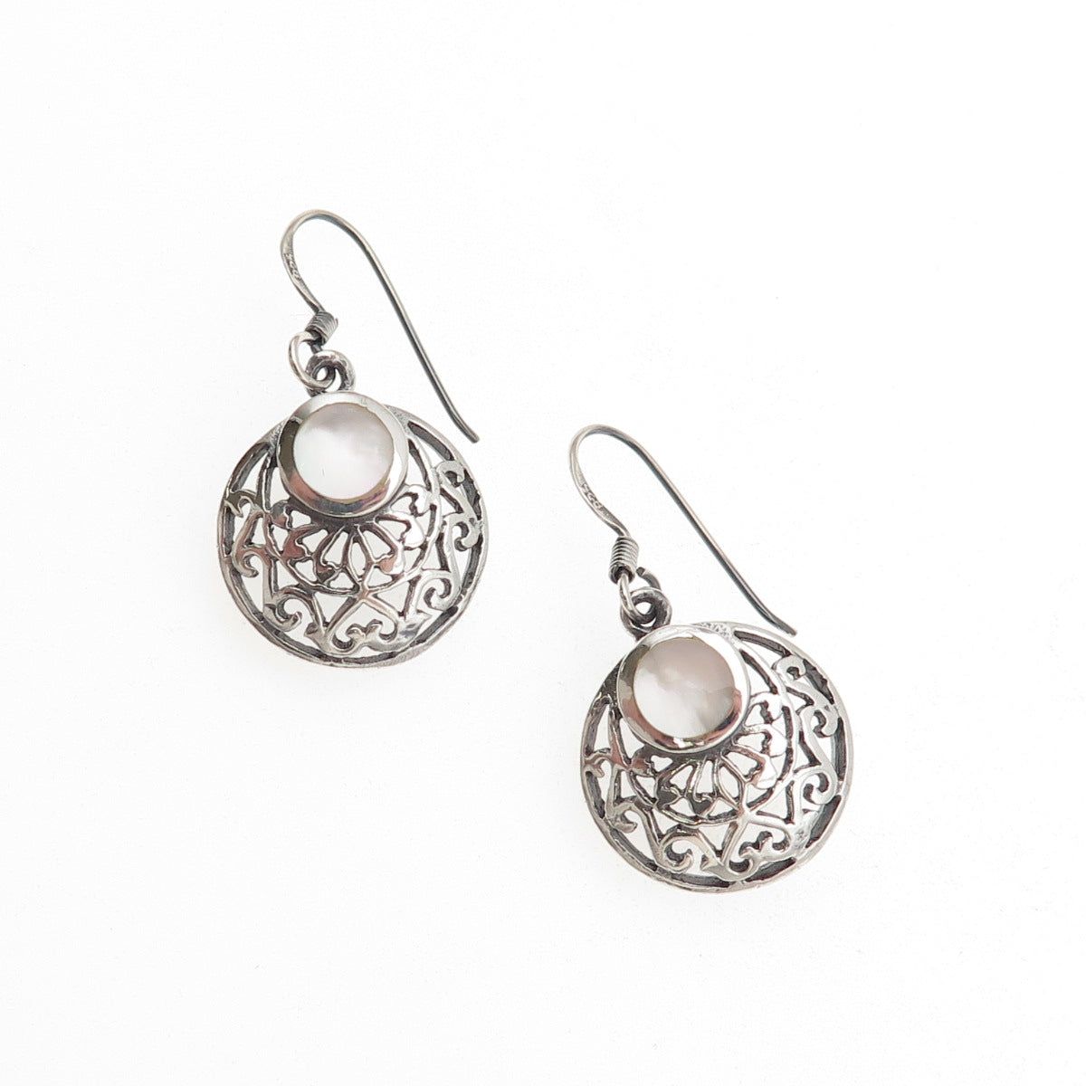 925 Sterling Silver Vintage Real MOP Floral Crescent Disc Dangle Earrings