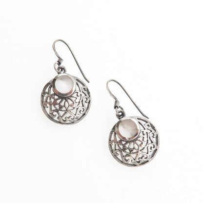 925 Sterling Silver Vintage Real MOP Floral Crescent Disc Dangle Earrings