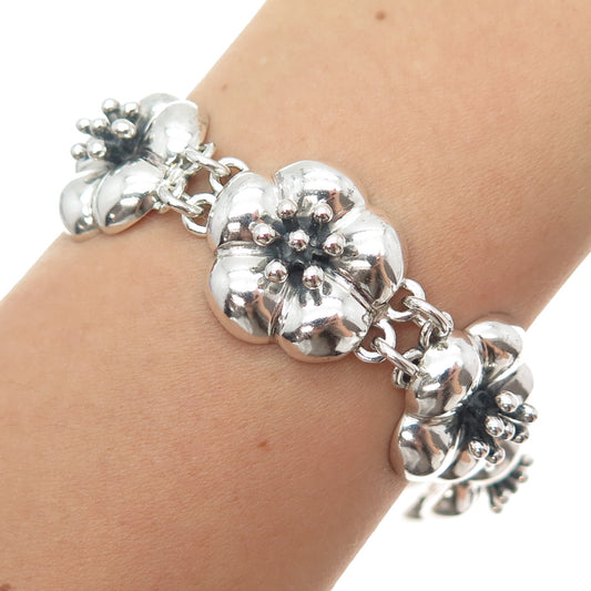 925 Sterling Silver Vintage CII Mexico Flower Blossom Oxidized Bracelet 7.25"