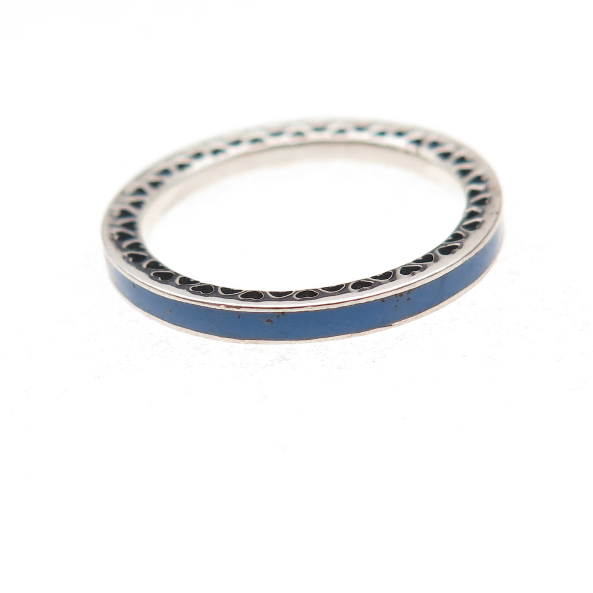 Pandora 925 Sterling Silver Enamel & Blue C Z Radiant Hearts Band Ring Size 7