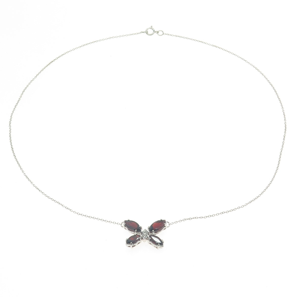 925 Sterling Silver Real White Diamond & Red Garnet Gem Butterfly Necklace 18"