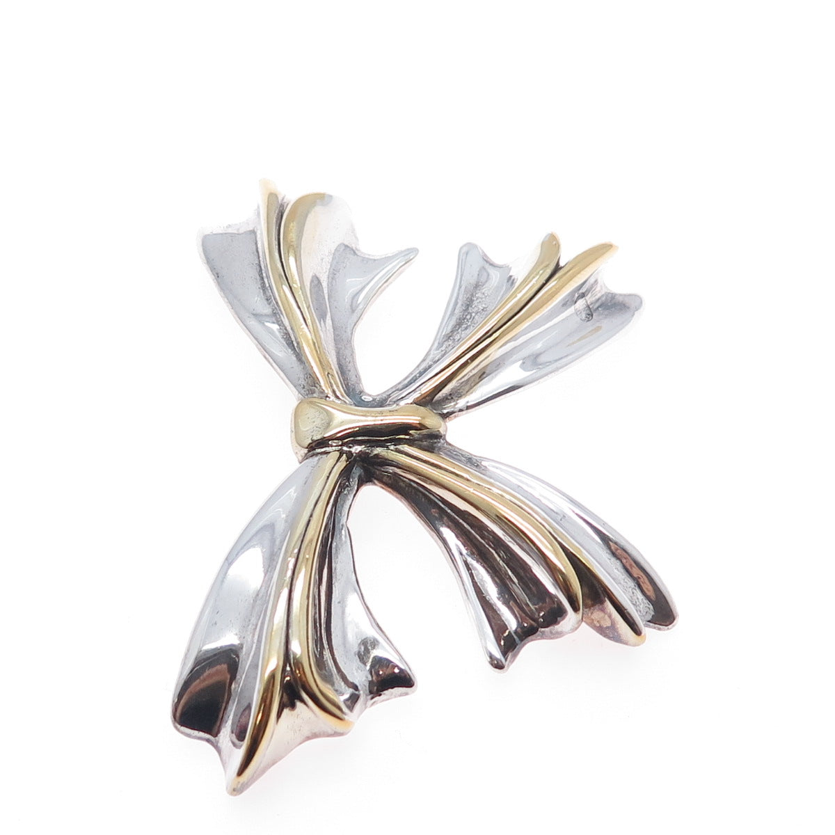925 Sterling Silver 2-Tone Vintage JE Artisan Ribbon Bow Brooch / Slide Pendant