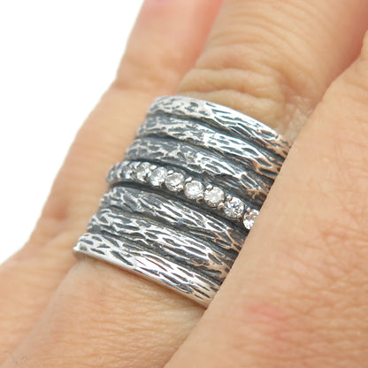 925 Sterling Silver Vintage C Z Textured Statement Band Ring Size 7.25