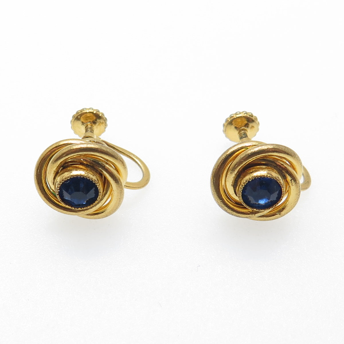 Gold Filled Antique Art Deco Blue Rhinestone Trinity Knot Screw Back Earrings