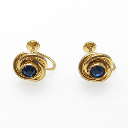 Gold Filled Antique Art Deco Blue Rhinestone Trinity Knot Screw Back Earrings