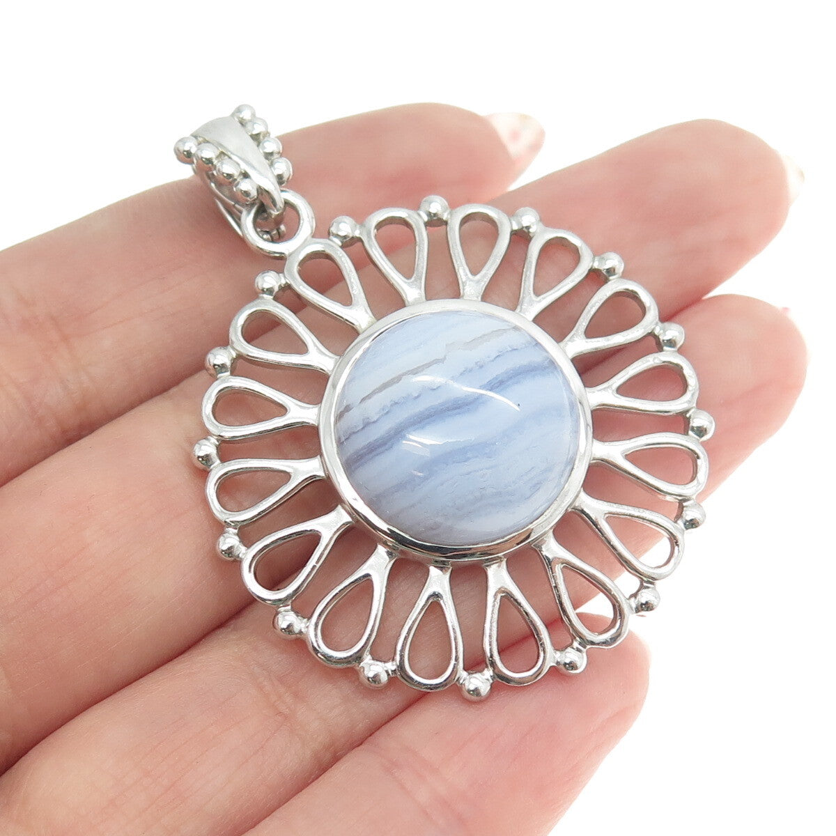 925 Sterling Silver Vintage Real Cabochon Blue Lace Agate Flower Pendant