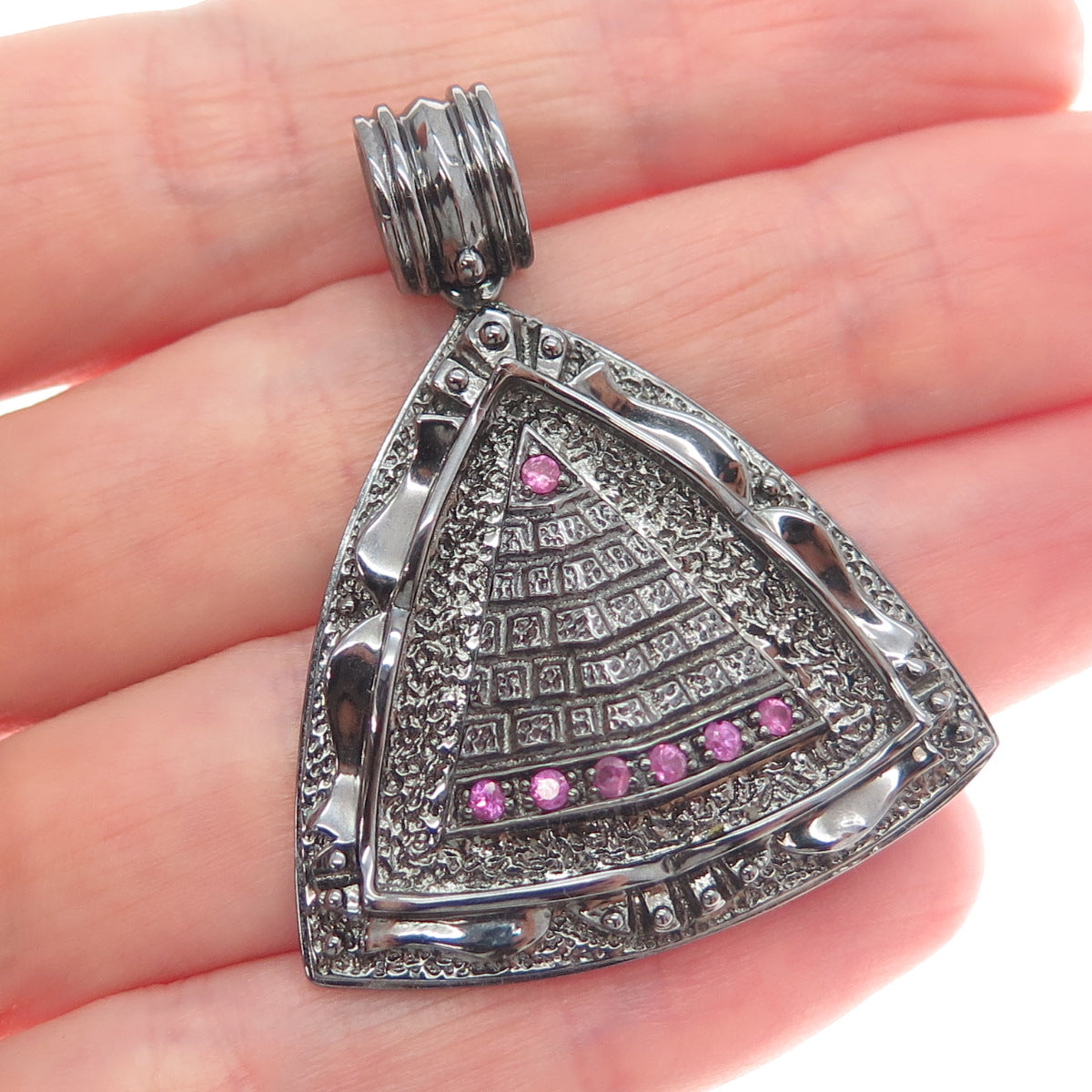 JOLUSA 925 Sterling Silver Black Rhodium Real Pink Sapphire Pyramid Pendant