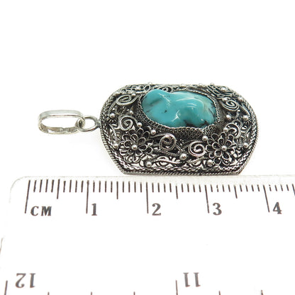 925 Sterling Silver Antique Art Deco Real Turquoise Gem Filigree Floral Pendant