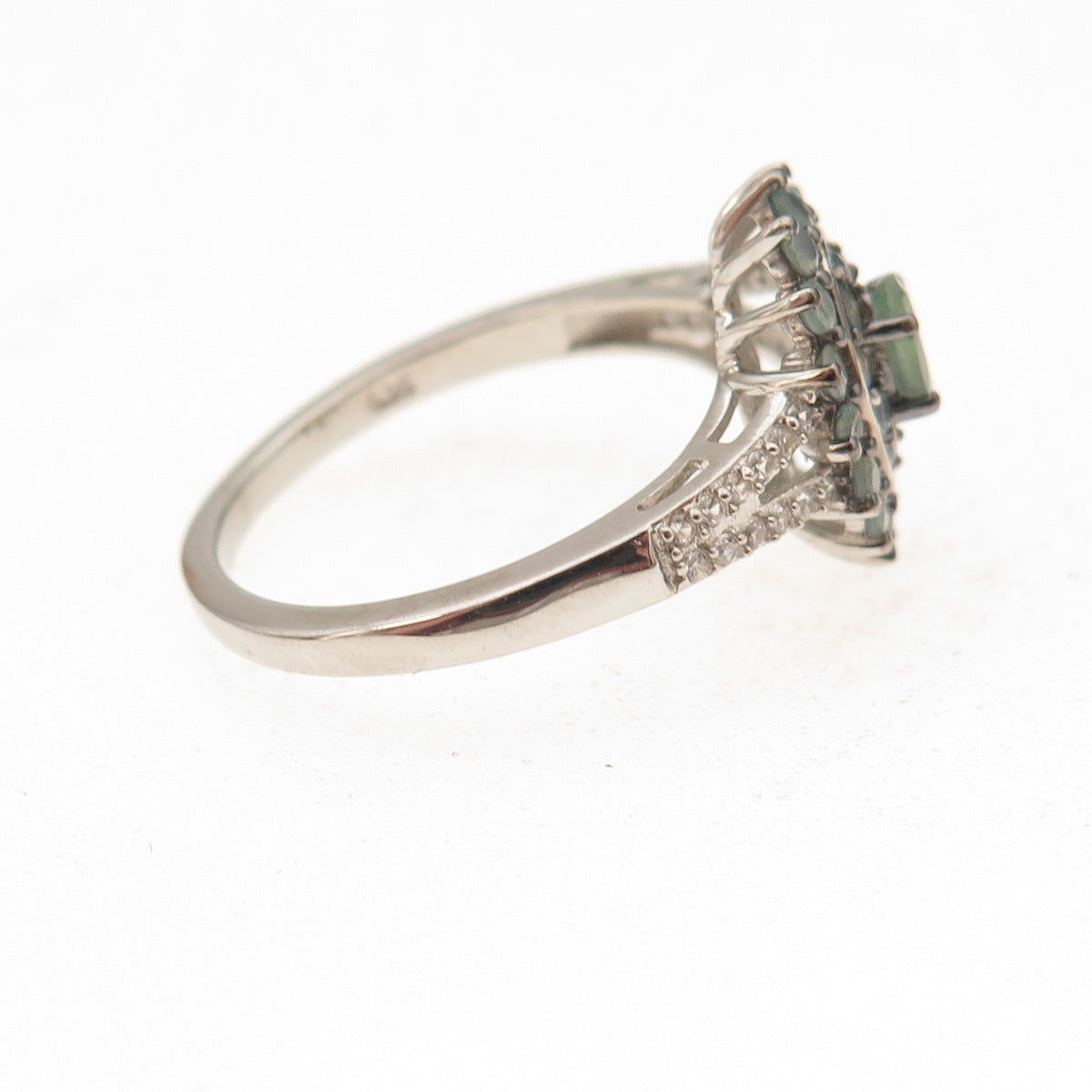 D'Joy 925 Sterling Silver Real Green Sapphire & White Topaz Floral Ring Size 8