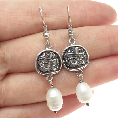 925 Sterling Silver Vintage Real Pearl Tribal Face Dangle Hook Earrings