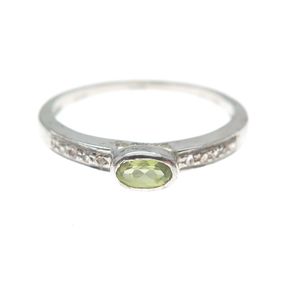 925 Sterling Silver Real Round-Cut Diamond & Oval-Cut Peridot Ring Size 8