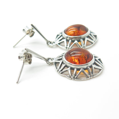 925 Sterling Silver Vintage Real Amber Sun Dangling Earrings