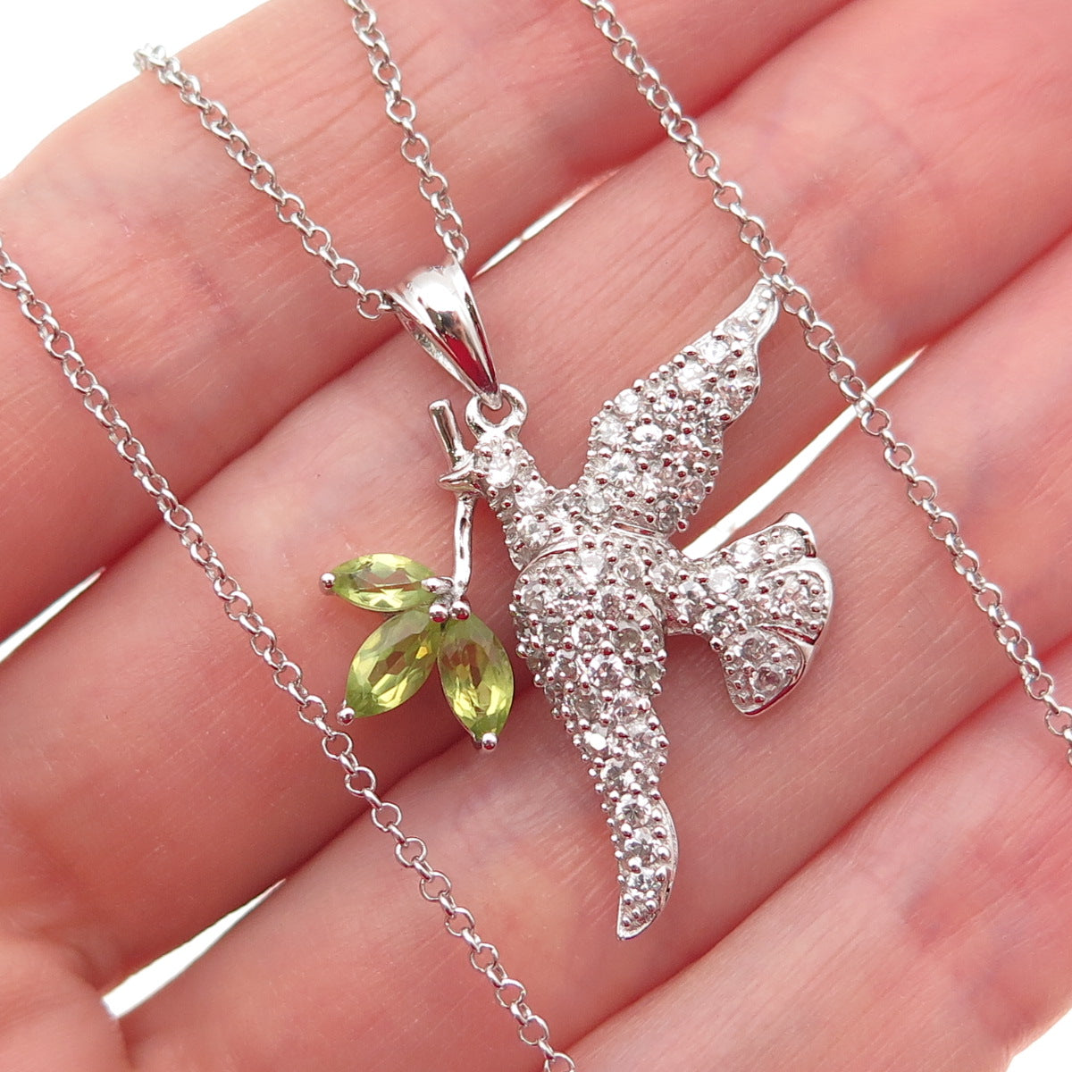 925 Sterling Silver Real Peridot & White Topaz Peace Dove Bird Necklace 16-18"