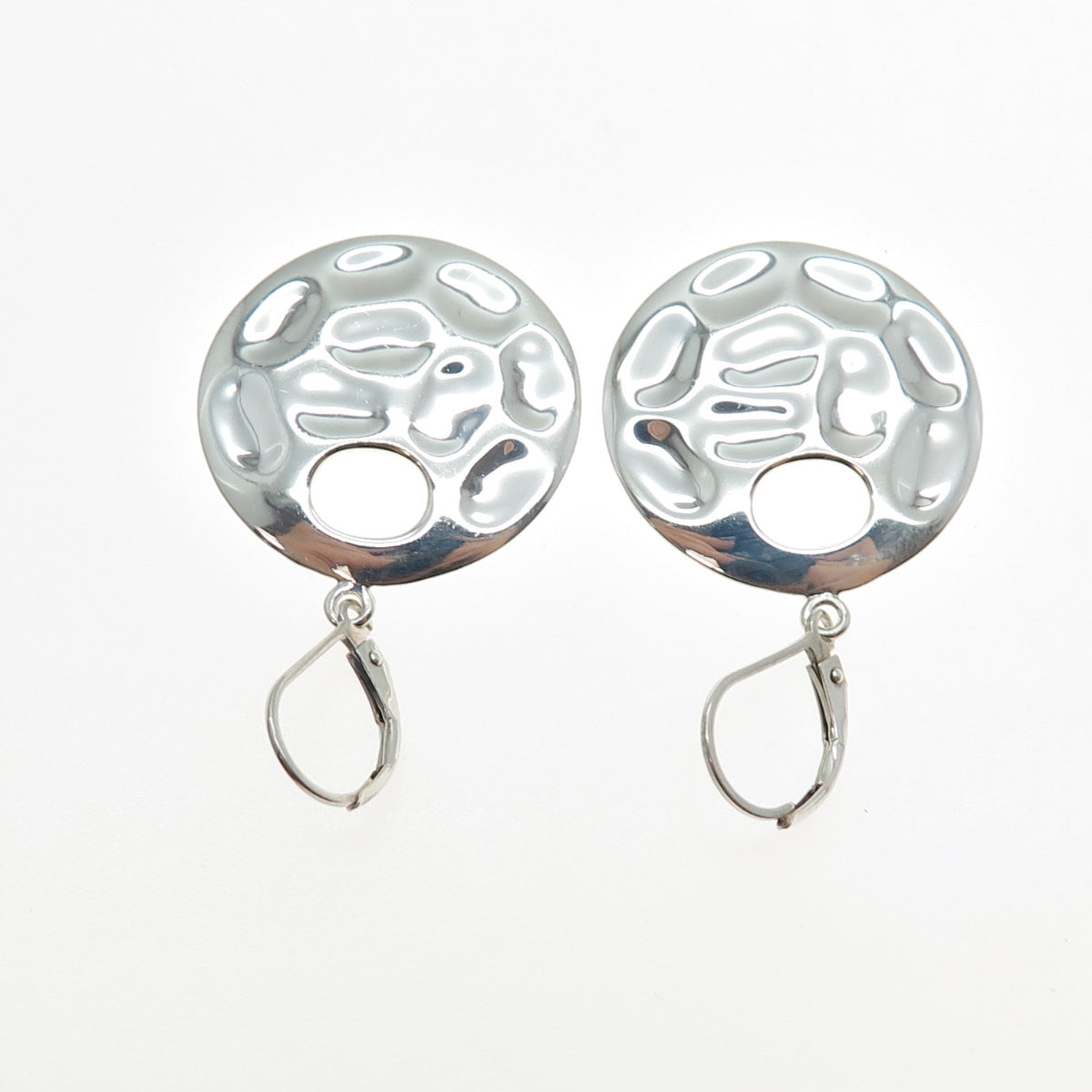 925 Sterling Silver Vintage Modernist Hammered Crescent Disc Dangle Earrings