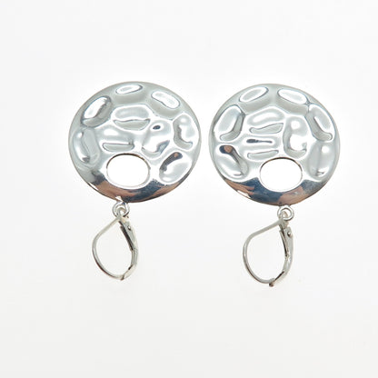 925 Sterling Silver Vintage Modernist Hammered Crescent Disc Dangle Earrings