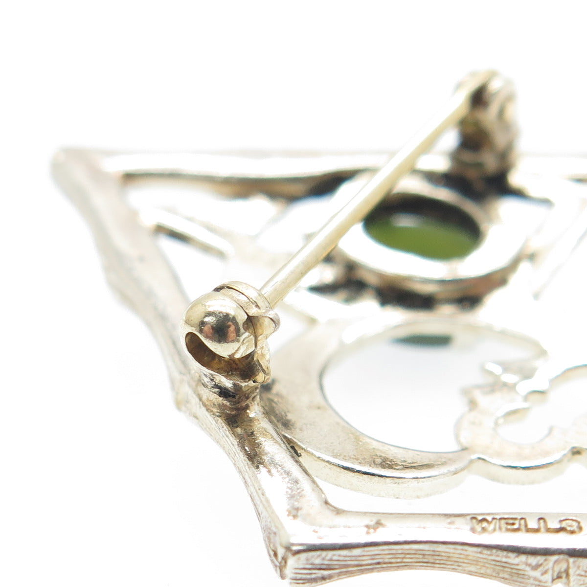 WELLS 925 Sterling Silver Gold Plated Vintage Real Jade Heart Bamboo Pin Brooch