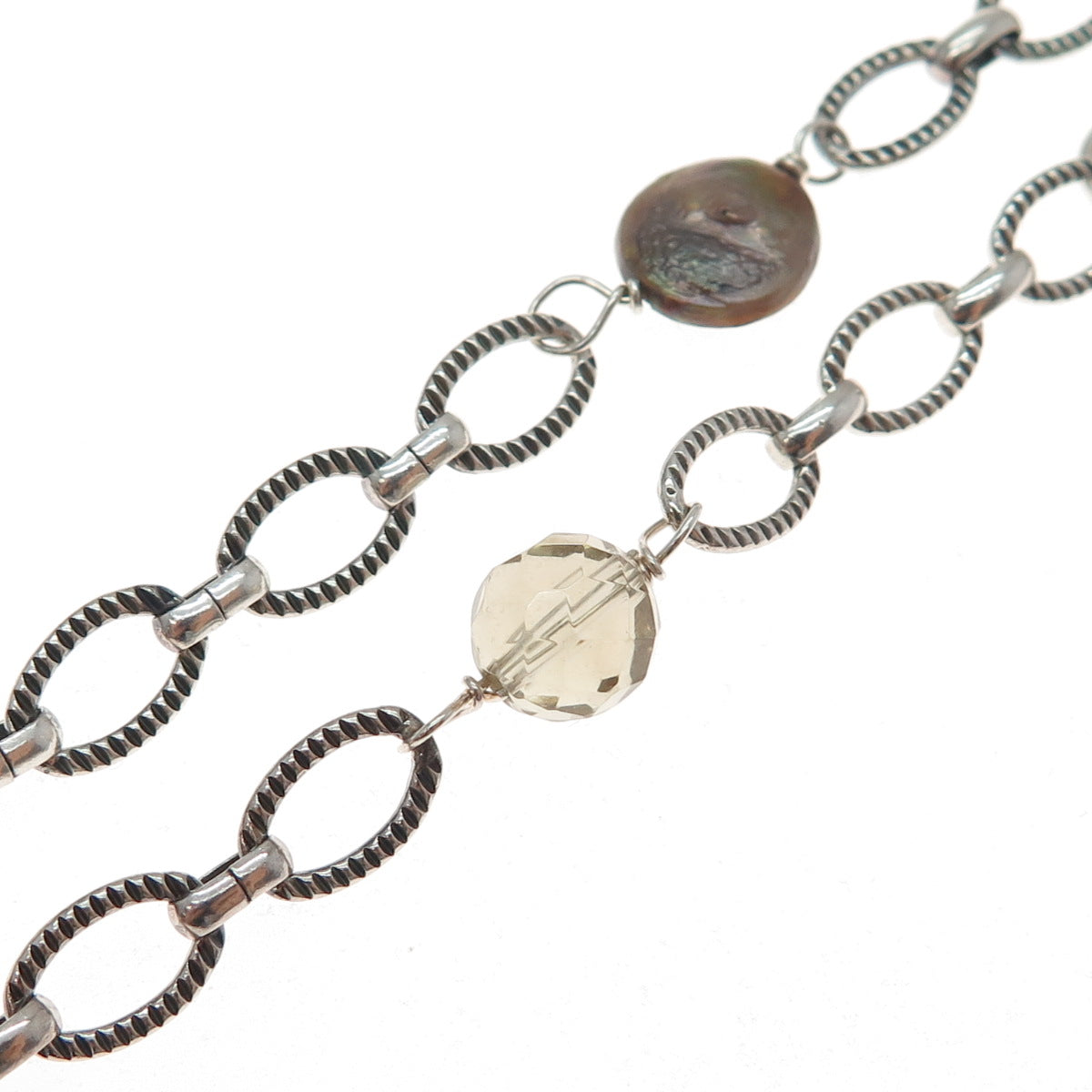 925 Sterling Silver Vintage Real Baroque Pearl & Smoky Quartz Necklace 16"