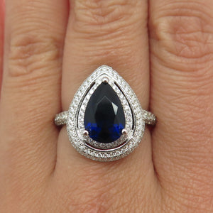 925 Sterling Silver Pear & Round-Cut Blue White C Z Ring Size 8.25