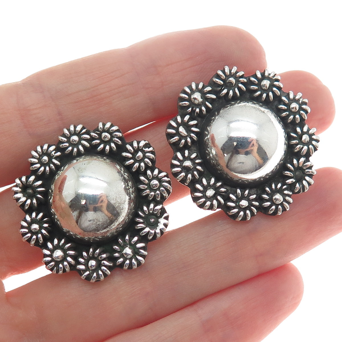 925 Sterling Silver Vintage Mexico Cannetille Floral Oxidized Clip On Earrings