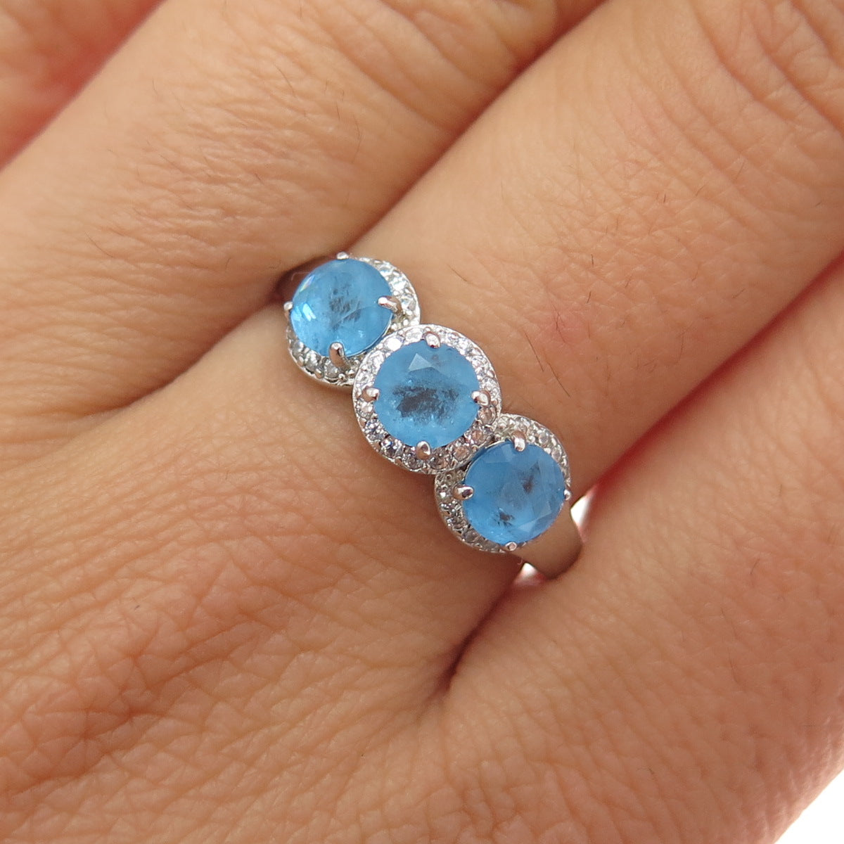 BOMB PARTY 925 Sterling Silver Round-Cut Blue & White C Z Ring Size 9.25
