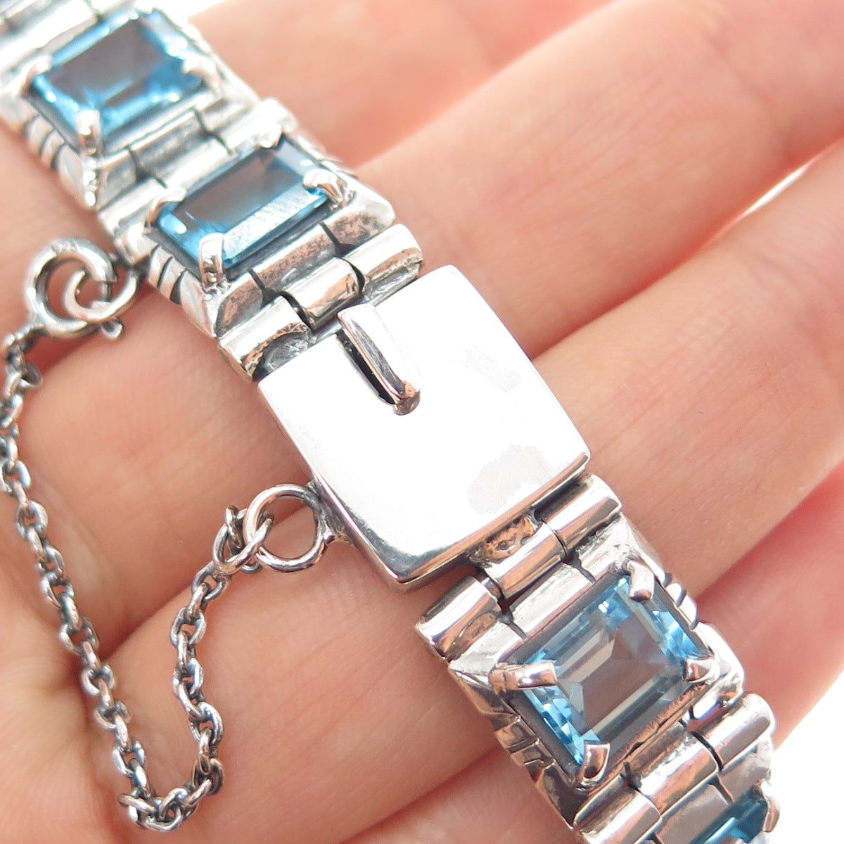 AF DESIGN Sterling Silver Vintage Blue Topaz Modernist Panel Link Bracelet 7.5"