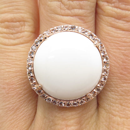 925 Sterling Silver Rose Gold Plated Real White Onyx & Topaz Ring Size 7.75