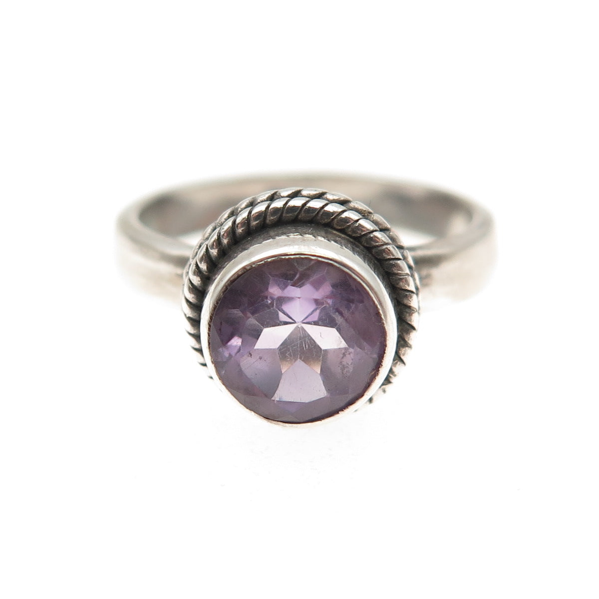 925 Sterling Silver Vintage Real Round-Cut Amethyst Oxidized Ring Size 5.75