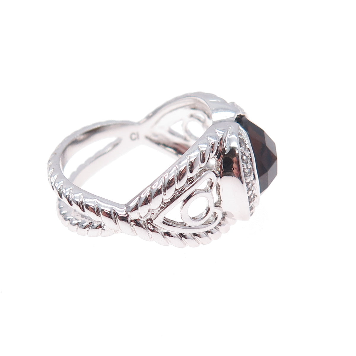 925 Sterling Silver Real Smoky Quartz & C Z Crisscross Ring Size 7
