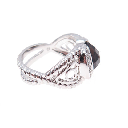 925 Sterling Silver Real Smoky Quartz & C Z Crisscross Ring Size 7